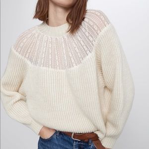 ZARA ✨NWT✨ Knit Ribbed Sweater with Lace Neck